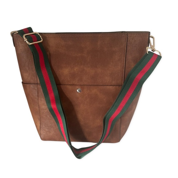 Bromen Handbags - Women’s Leather Bucket Bag/Crossbody with 2  Guitar Straps and Leather Strap
